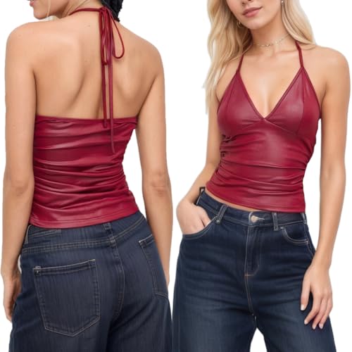 Women Sexy Pu Leather Tie Back Halter Top Summer Slim Fit Ruched Side Deep V Neck Sleeveless Backless Cami Shirt