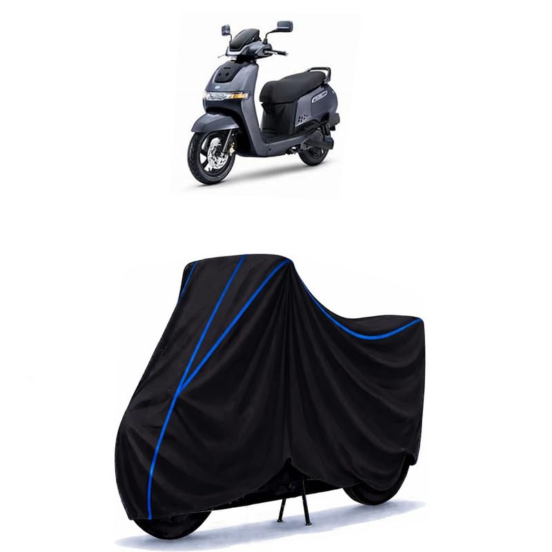 Image of Scooty Cover Water Resistant for iQube S | Universal Scooter & Bike Cover | Heavy Duty UV Dust, Rain & Scratch Protection | Elastic Fit All Weather Indoor Outdoor | Black with Blue Piping