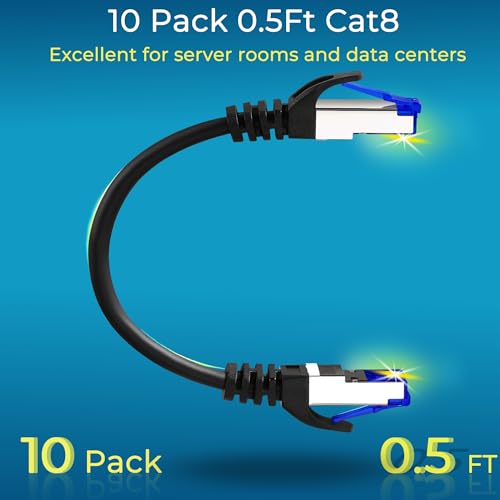 Rapink Patch Cables Cat8 0.5ft (10 Pack) Slim, Cat 8 Ethernet Patch Cable 40G Support, Snagless Cat 8 Network Cable for Data Center, Flexiable Cat8 Ethernet Cables Black (10PC830-0.5)
