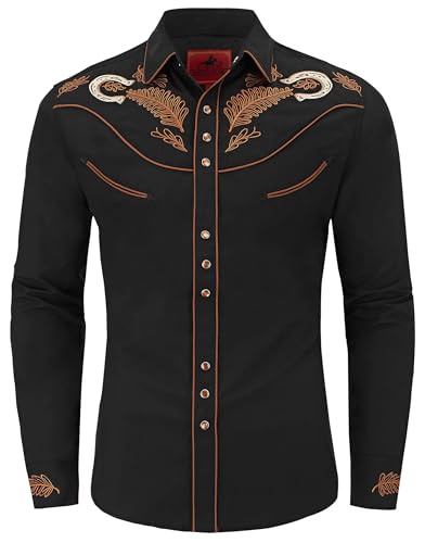 Men's Western Cowboy Shirt Embroidered Exquisite Long Sleeve Regular Fit Casual Snap Button Down Shirts
