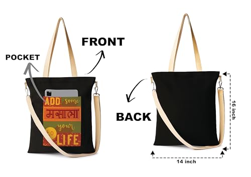 Image of ZORI Black Sling Tote Bag With Pocket and with Beige Straps, Tote Bags For Women large capacity,Tote bag For Shopping, College, Travel, More Canvas Handbag For Unisex