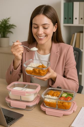 Image of Borosilicate Lunch Box Set of Airtight & Leak-Proof Tiffin Box for Office, School, Men & Women (Light Blue Colour) (Pink, 580 and 400 ml)