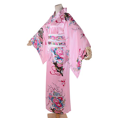 Kimono Bathrobe Costume Japanese Traditional Yukata Cosplay Women's Sexy Sakura Pattern Pink Long Kimono - Thumbnail 6