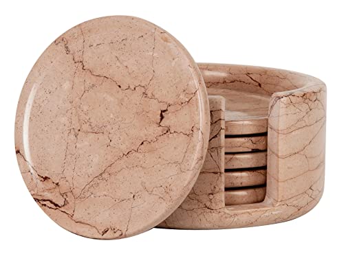 Radicaln Marble Coasters Set with Holder 3.5\'\' Inches Marinara Handmade Coasters for Drinks - Kitchen Caddy Drinkware, Car Coasters for Cup Holders - Set of 6 Drink Coasters for Coffee Table top