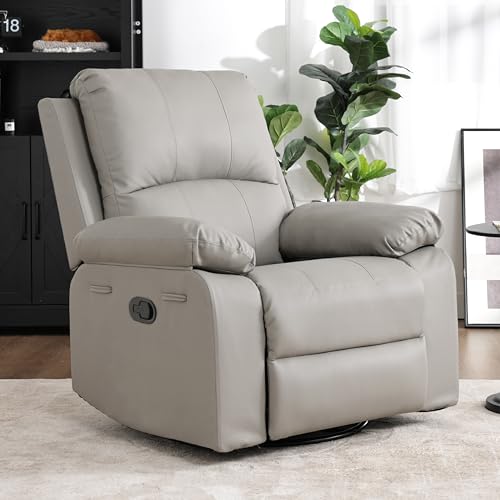 zzlay 360° Swivel Rocking Leather Recliner Chair for Adults, Grey | Overstuffed Manual Recliner with Spring Cushion, Glider Rocker Nursery Single Sofa with Side Pockets for Living Room