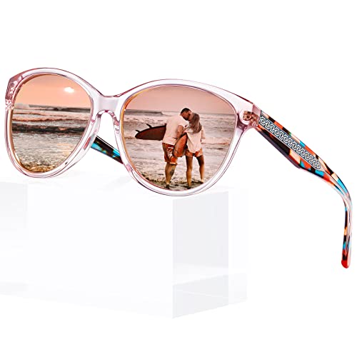 Carfia Rétro Lunettes de Soleil Femme Polarisées Cat.3 Protection UV400 Motif Gravé Monture en Acétate pour Voyager