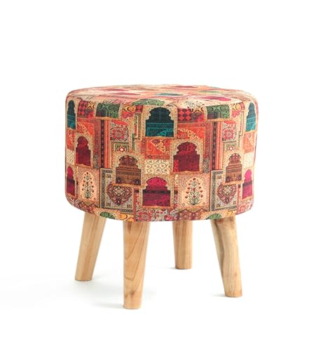 Image of NACIA Velvet Printed Ottoman Chair with Stool Combo | Dressing Table Chair for Bedroom Makeup Room Decor | Modern Upholstered Ottoman with Wooden Legs for Home (18x18x32 Inches, Darbar)