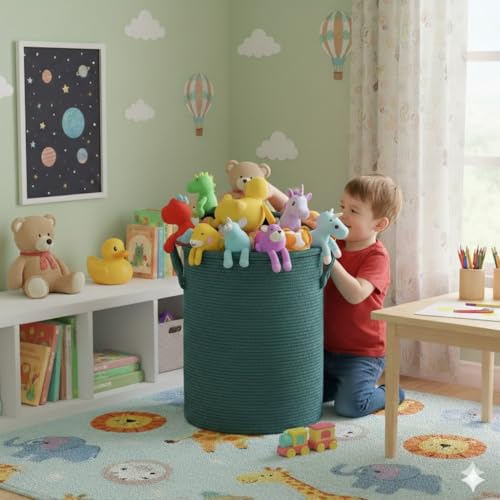 Image of Basket with Lid, 15 inch x 20 inch Woven Storage Basket for Blankets, Toys, Pillows, Towels, Living Room Bedroom Storage Bin, Round Rope Basket with Lid, Wicker Baskets for Organizing (BG5)