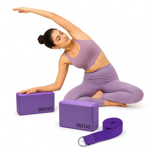 Image of DOLTAS High Density Foam Yoga Block Set of 2 with Yoga Strap - Non-Slip Lightweight Bricks for Improved Balance, Flexibility, Strength & Stability - Support for Pilates, Stretching & Meditation