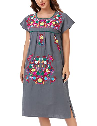Image of YZXDORWJ Women Mexican Embroidered Long Dress Ruffle Collar Maxi Boho Floral Summer Short Sleeve