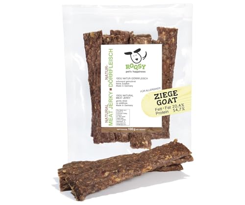 ROQSY Snack Naturale per Cani 100% Capra – Senza Cereali, Ipoallergenico, Monoproteico, Essiccato all'Aria – 100g