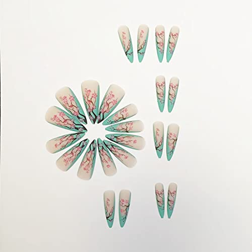 Carufin 24 Pcs Fleur de Prunier ongles Longs Pointus Français Faux Cristal Acrylique Presse sur Ongles Ballet pour Femmes Filles – vue 4