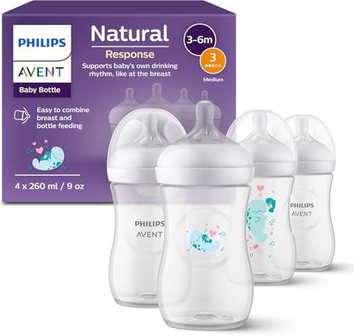 Philips Avent Natural Response Gift Set for Babies: 4 Natural Response Baby Bottles (260 ml) with T3 Teats (from 1 Month) SCY903/61