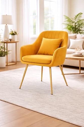 Image of Velvet Chair for Home | Modern Accent Armchair in Soft Velvet Fabric with Golden Legs | Set of 2 Premium Accent Chair for Living Room Bedroom Restaurent | (Yellow 1pc, Standard)