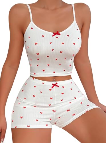 Image of Hilinker Womens Graphic 2 Piece Pajama Set Summer Cute Crop Cami and Shorts Ribbed Lounge Sets