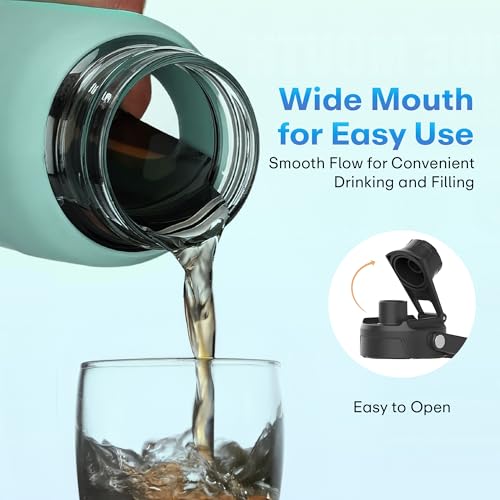 Image of Rioware1 Litre Motivational Borosilicate Glass Sipper with Silicone Sleeve, Time Markings, Airtight,Leak-Proof BPA-Free Eco-Friendly, Reusable Bottle For Fridge, Gym, Travel, Office & Home (GREEN)