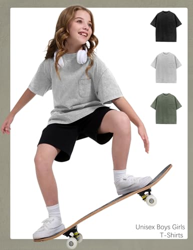 Image of COZYPOIN Unisex Kids Vintage Acid Wash Cotton Tees Crew Neck 3-16Y | 100% Cotton Boys Oversized T Shirt, Crew Neck, Short Sleeve, Front Pocket, Vintage Acid Washed Kids Tees for Boys Girls