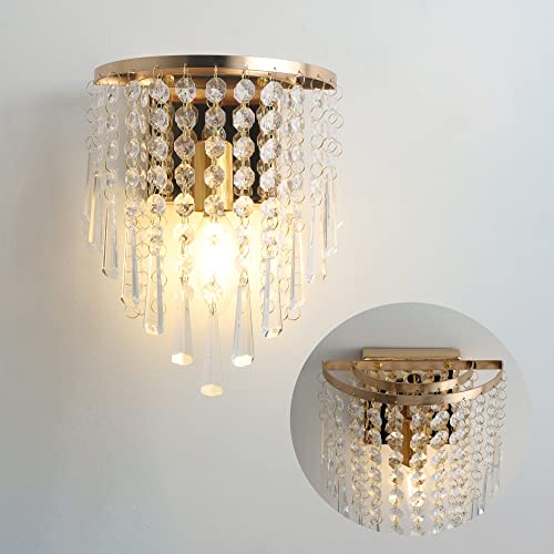 MIXL Crystal Wall Fixtures 1 Light Elegant Hallway Wall Lamp with Crystal Drops Shade for Bedroom Living Room (Gold Finish)