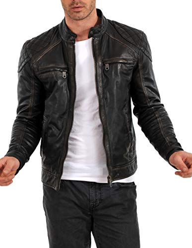 Image of 100% Leather Jacket for Men - Round Collar Slim Fit - Moto, Bomber, Biker Winter Casual Wear