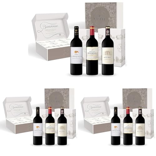 Caja de Regalo - Vino Tinto - Prix Plaisir Vino de Burdeos - Cru la Maqueline - Château Hourtou - Château Malbec - 3 x 75 cl (Paquete de 3)