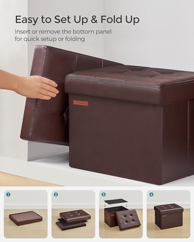 Image of SONGMICS Small Folding Storage Ottoman, Foot Rest Stool, Cube Footrest, Synthetic Leather, 12.2 x 16.1 x 12.2 Inches, 286 lb Capacity, for Living Room, Bedroom, Dorm, Chestnut Brown ULSF100K02