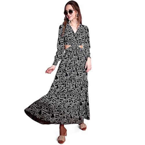 Image of Sheetal Associates Women's Crepe Fit and Flare Printed Full Sleeve V-Neck Casual Dress