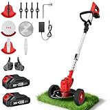 Portable Home Cordless Electric Lawnmower, Garden Weeder/Wireless Mower Features 3 Blade Types and Two High-Capacity Lithium-ion Batteries Powerful Performance for Lawns (Red 2 Battery)