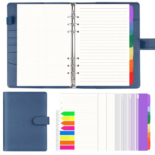 AKONEGE A5 Ring Binder 6 Ring PU Leather Refillable Notebook with 135PCS A5 Refill Papers 3PCS Binder Pockets 6PCS Index Dividers Sticky Tabs Planner Organizer for Travel Work School Glitter Blue