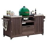 LUMISOL Outdoor Grill Table with Stainless Steel Top, Solid Wood Outdoor Kitchen Island for Big Green Egg Grills, 66.5" Rolling Kitchen Cart with Internal Storage Rack, Spice & Towel Rack, Dark Brown
