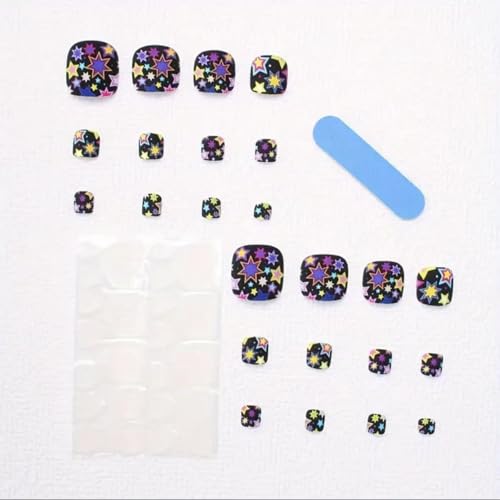 Image of Star Press on Toenails Black Fake Toenails Short Square Stick on Toe Nails Reusable Mate Full Cover False Toes for Women Manicure 24Pcs