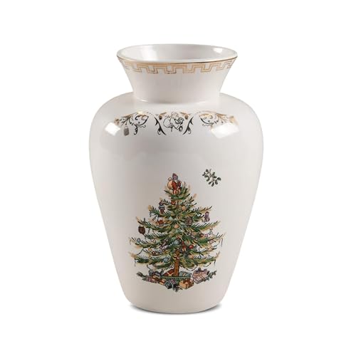 Spode Christmas Tree Gold Vase Round Bouquet Shape with 22 Karat Gold Accents - 8 H x 5.5 L Porcelain Holiday Floral Holder for Centerpieces & Seasonal Table Dcor - Elegant Housewarming Gift