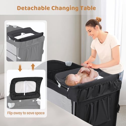 Image of JOYMOR 5-in-1 Pack and Play with Bassinet and Changing Table, Lightweight Travel Crib, Foldable Baby Playard, Waterproof Changing Top, Carry Bag & Wheels