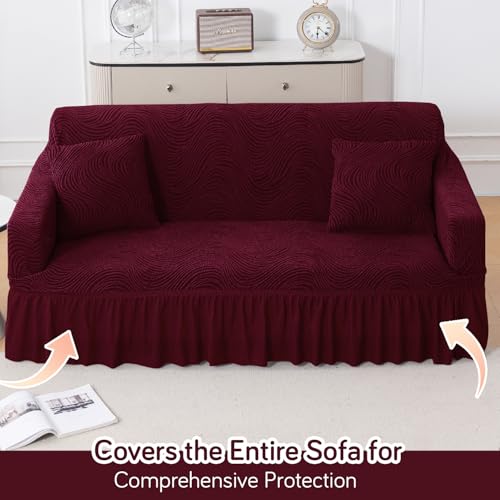 Image of HOKIPO 240 GSM Premium Jacquard Sofa Cover 3 Seater Fully Covered, 'Serene Wave Series' Wine (AR-6354-WINE)