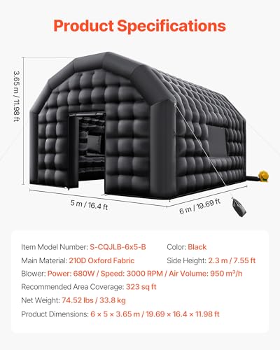 Image of VEVOR Inflatable Nightclub, 19.7 x 16.4 x 12 ft Inflatable Party Tent with 680W Blower & Sandbag, Ventilated Blow up Night Club with 2 Windows, Air Cube House for Event Birthday Wedding Party