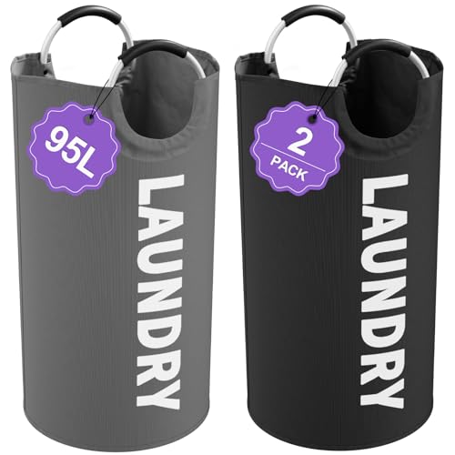 IHOMAGIC 2Pcs Large Laundry Hamper, 95L Folding Clothes Basket with Handles, Dirty Clothes Hampers for Bedroom, Stand-alone Laundry Bin for Family, Hotel, Dorm, Grey/Black IHOMAGIC 2Pcs Large Laundry Hamper, 95L Folding Clothes Basket with Handles, Dirty Clothes Hampers for Bedroom, Stand-alone Laundry Bin for Family, Hotel, Dorm, Grey/Black