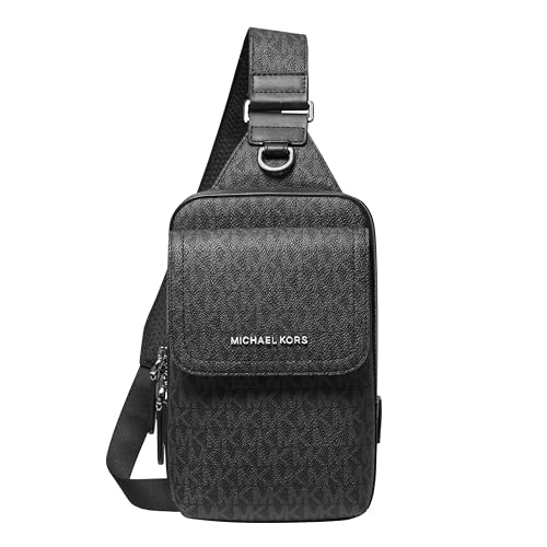 Michael Kors Mens Hudson Medium Flap Sling Pack/MK Signature Small Black