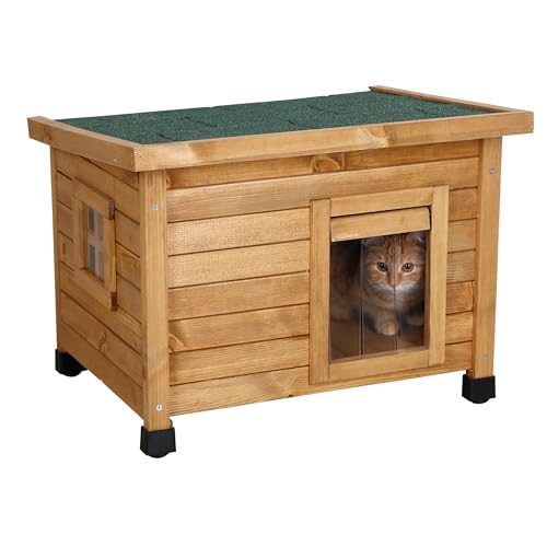 Kerbl Pet Katzenhaus Rustica, Braun/Grün, 57x45x43 cm, Holz, mit Schwingtüre, Plexiglasfenster, höhenverstellbare Kunststofffüße