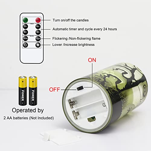 Image of GenSwin Halloween Candles Flameless with Remote Timer, Flameless Candles with Spider Web, Ghost, Castle Decals, 3 Pack Green Glass Battery Operated Candles with 3D Flickering Flame for Fall Decor