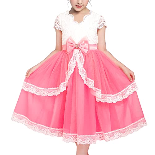 Sunny Fashion Flower Girls Dress Lace Pink Hollow Back Layered Ribbon Bow Tie
