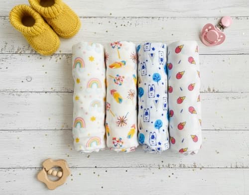 Image of Swaddle for Babies -100% Muslin Cotton Soft Swaddle /Blanket /Multipurpose Wrap for New Born Baby Girl & Boy | Perfect for Gifting | 100 x 100 cm | 0-6 Months, Set of 4