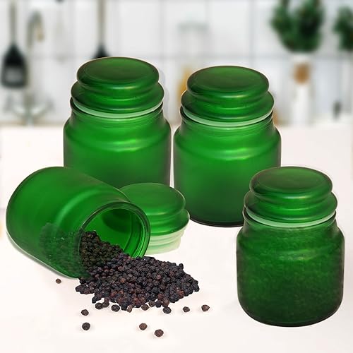 Image of Pure Source India Frosted Glass Spice Jar /Yanky Jar /Glass Container For Storage (110 ml) (Green) (Four Pcs)