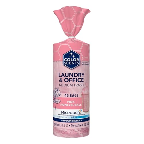 Color Scents Medium Trash Bags - 8 Gallon, 45 Bags (1 Pack of 45 Bags) Twist Tie - Pink in Pink Honeysuckle Scent with Microban