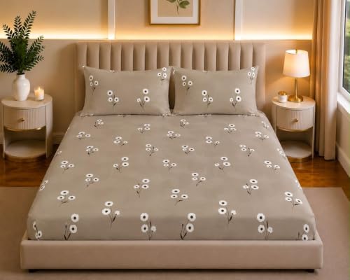Image of Castiqa Elastic Fitted Supersoft Premium Polycotton 200TC King Size Bedsheets with 2 Pillow Covers | No Slip Bedsheet | (Cream Sm Floral, King (72x78 Upto 10 inch Mattress))