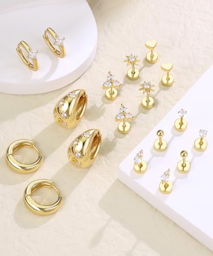 Flat Back Stud Earrings for Women Gold Plated Earring Set Hypoallergenic Cartilage Earrings Helix Piercing Jewelry Surgical Stainless Steel Chunky Huggie Hoops2