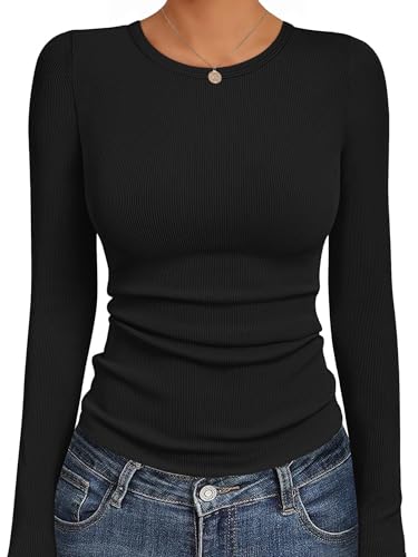 Ekouaer Womens Long Sleeve Shirts Crew Neck Stretchy Fitted Ribbed Tops Basic Base Layer Soft Thermal Undershirts Tee