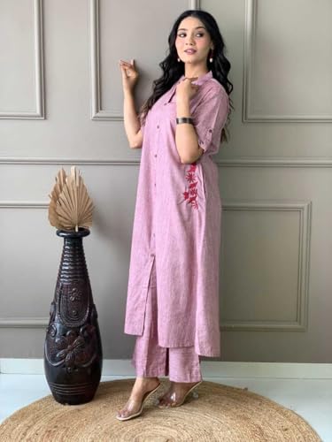 Image of Women's Cotton Embroiderd Long A-Line Kurti with Palazzo