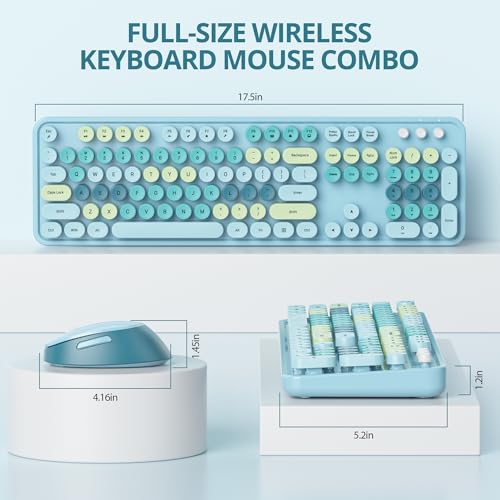 Image of Owpkeenthy Blue Keyboard and Mouse Wireless，Cute Typewriter Keyboard Wireless 2.4GHz Full-Size with Retro Round Keycaps for Desktop, Laptop and Computer(Coloful Blue)
