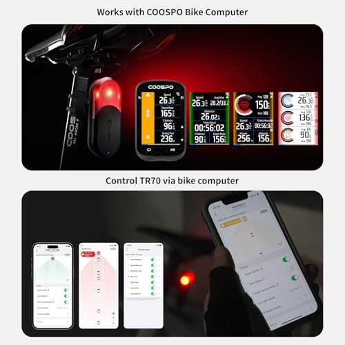 Image of COOSPO TR70 Bike Radar Tail Light, Alerts for Vehicle in 140M, Auto Brake Highlight, 7 Lighting Modes, 40H Long Battery Life, Support APP /Garmin Cycling Computers Display for Road & MTB Cycling Safety