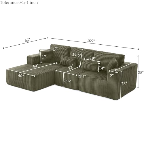 Image of L Shaped Modular Boneless Sectional Couches for Living Room, Wide Armrest, Deep Seat, Memory Foam, Assembly Free, Modern Comfy Corduroy Fluffy Cloud Sofa with Left Chaise, Green
