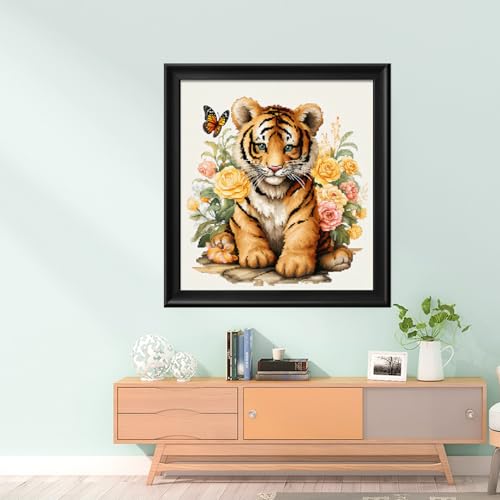 Image of Leczany Cross Stitch Stamped Kit for Adults - Little Tiger and Butterfly | DIY Embroidery Starter Patterns Craft Kit Needlepoint for Beginner | 11CT, 3 Strands | 14.2x15.8 inches